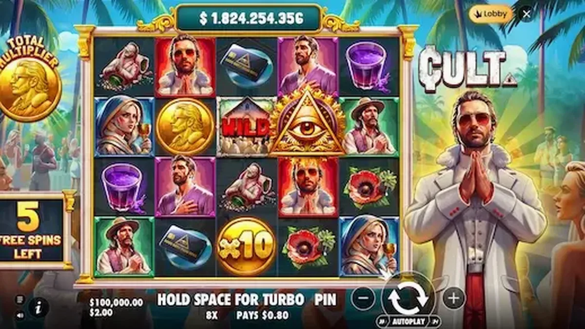 Tampilan visual slot Cult dengan simbol okultisme dan suasana gelap yang mencekam.